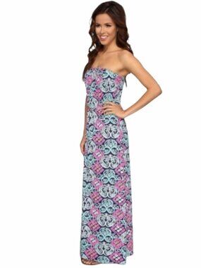 Lilly Pulitzer Marlisa Strapless Maxi Dress Pink Navy Blue Sz XS